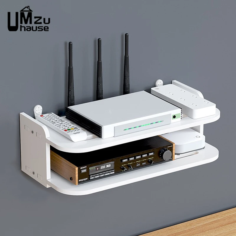 2 Tier Floating Shelves Wifi Router Hanging Layer Multi Tap Outlet Set Top Box Holder Cable Bracket Wall Mount Storage Organizer