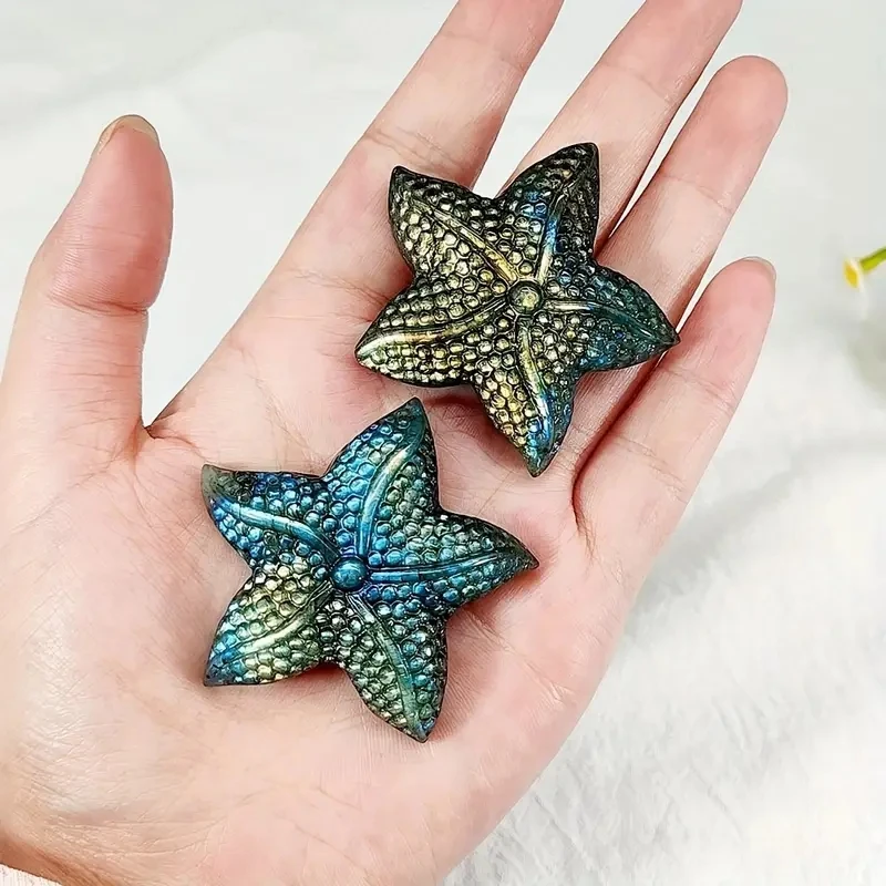 1pc Natural Crystal Carved Labradorite Starfish Healing Crystal Stone, For Handicraft Gift, Office Decoration