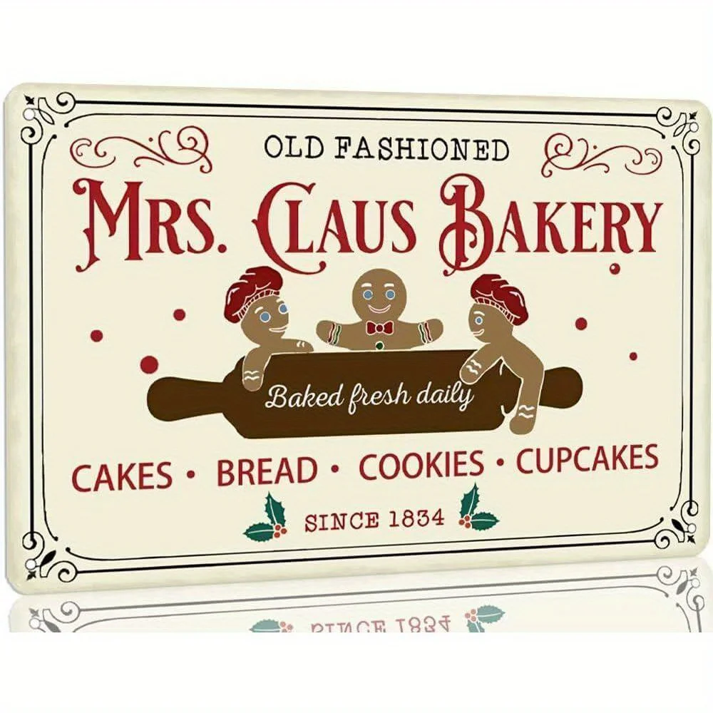 2D Flat, Vintage Gingerbread Christmas Metal Tin Sign - Rust-Resistant 2D Flat Wall Decor with 