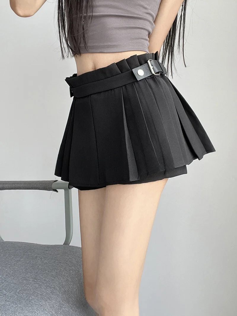 Sexy  Half Skirt Pants Women's American Hot Girl Fake Two-Piece Zipper Short Skirts High Waist Pleated A-Line Silhouette