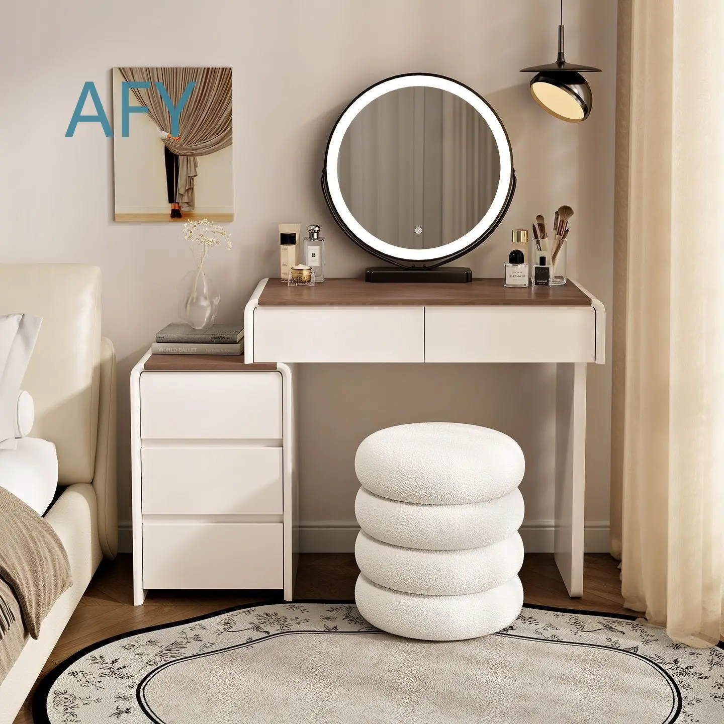 Creamy Modern Minimalist Dresser with Storage for Small Spaces Wooden Vanity Table for Bedroom Makeup Desk for IKEA MUJI