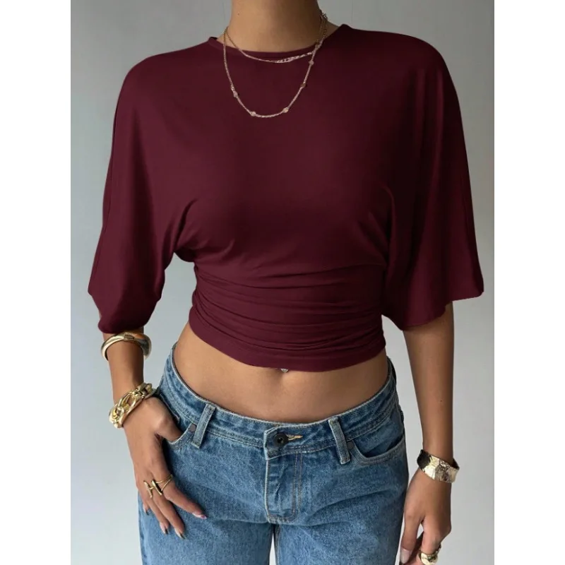 Damen Casual Mehrfarbiges Fledermausärmel-Kurzarm-Crop-Top mit Rundhalsausschnitt, gerafftem Wickel-Design, lockerer Passform, für den täglichen Streetwear-Look.
