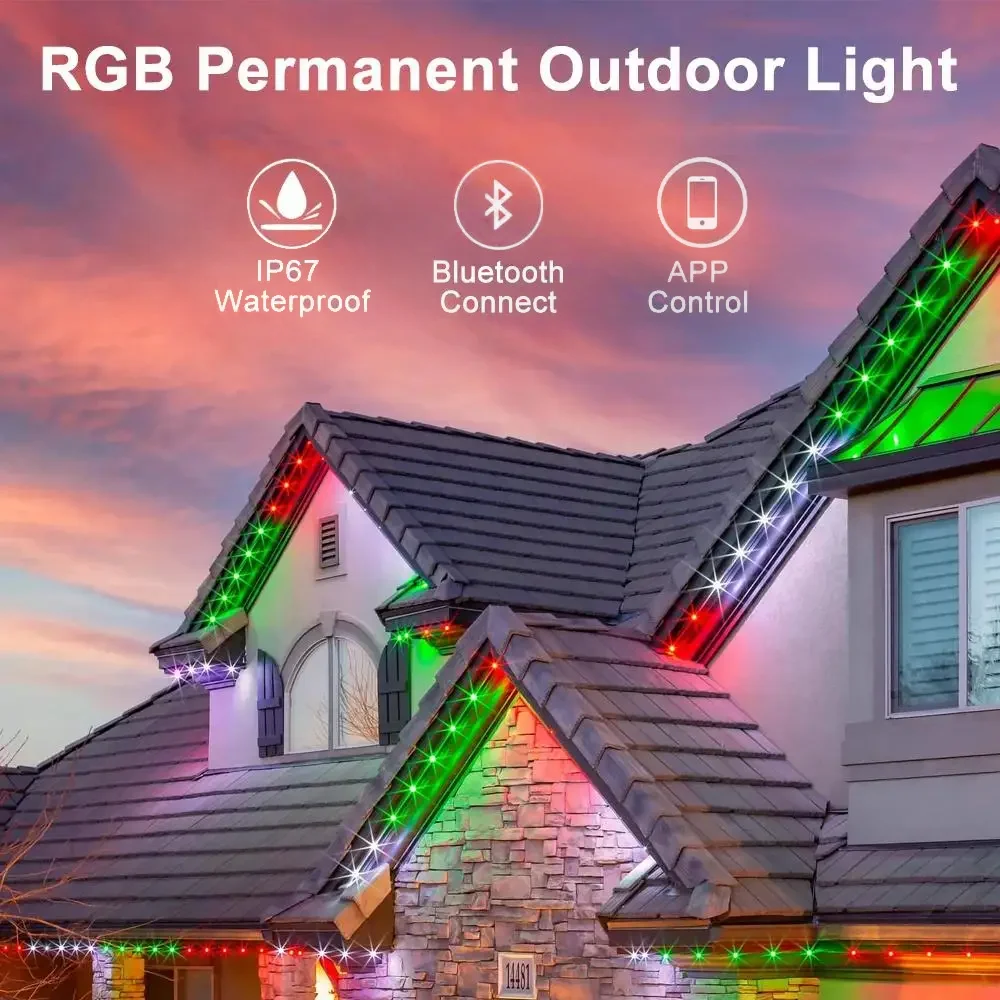 แอปไฟกลางแจ้งถาวร20ม., ริ้วสายไฟชายคาบ้านแบบบลูทูธ RGB กันน้ำไฟสายไฟตกแต่งคริสต์มาสงานแต่งงาน