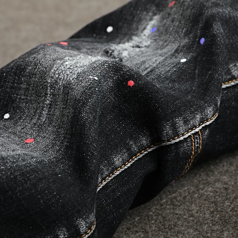 Street Fashion Men Jeans Pocket Designer Retro Black Gray Painted Ripped Jeans Men Stretch Slim Fit Hip Hop Vintage Denim Pants