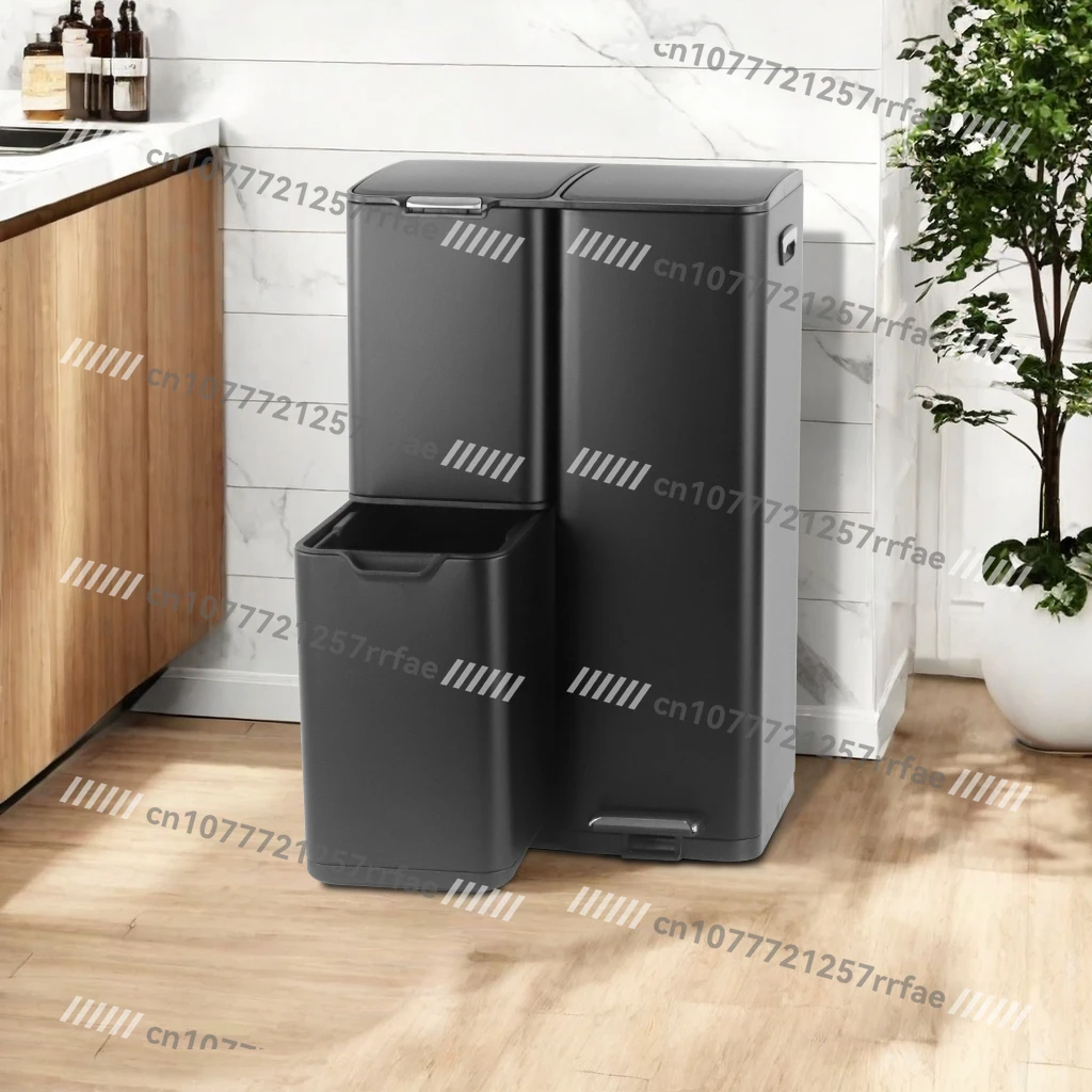 صندوق فصل النفايات سعة 60 لترًا، صندوق دواسة من الفولاذ المقاوم للصدأ مع غطاء مغلق ناعم، صندوق إعادة تدوير المطبخ مع 3 أقسام