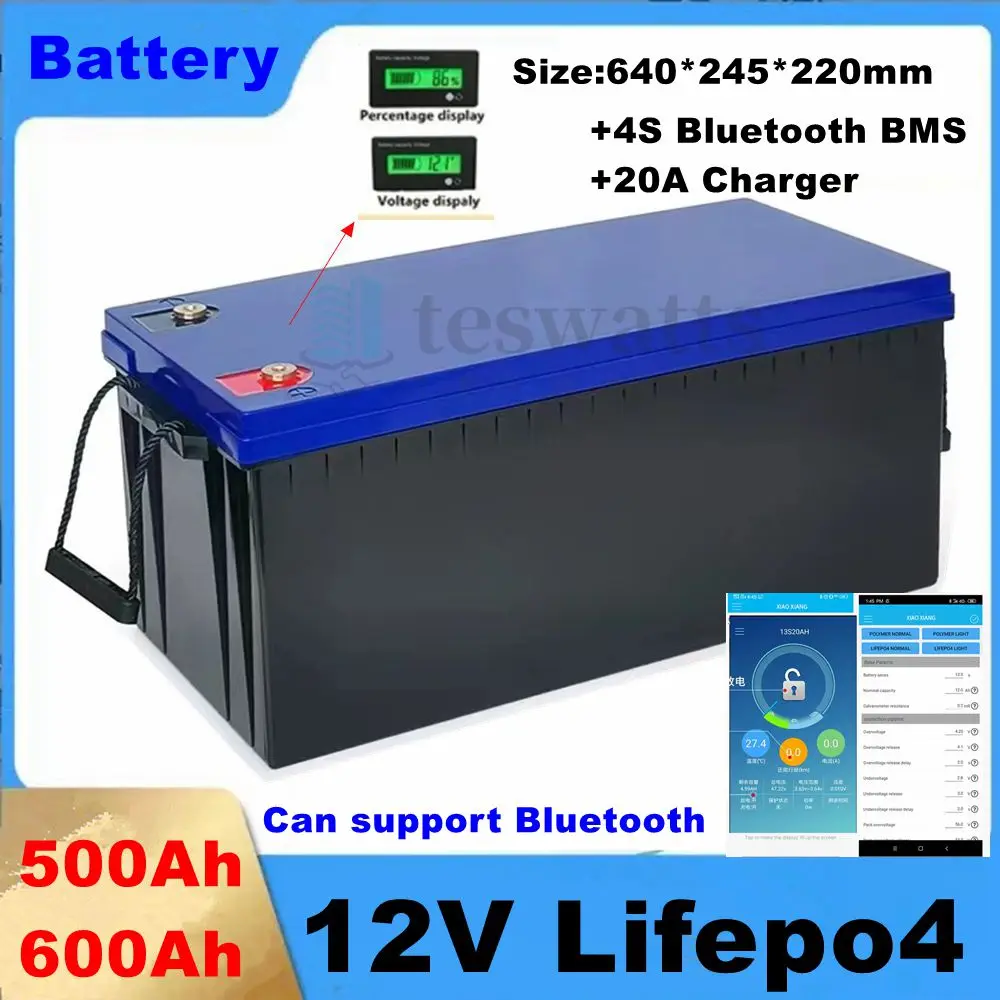 12V 500AH 600Ah Lifepo4 battery lithium deep cycle with bluetooth BMS APP for Solar Storage trolling motor boat +20A charger