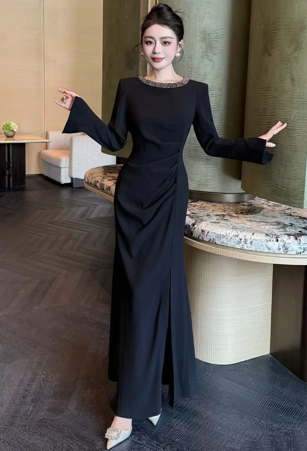 Vestido de noche largo 3XL 2XL 2025 Otoño Invierno mujer hecho a mano con cuentas plisado Patchwork manga larga rojo negro vestido Festival