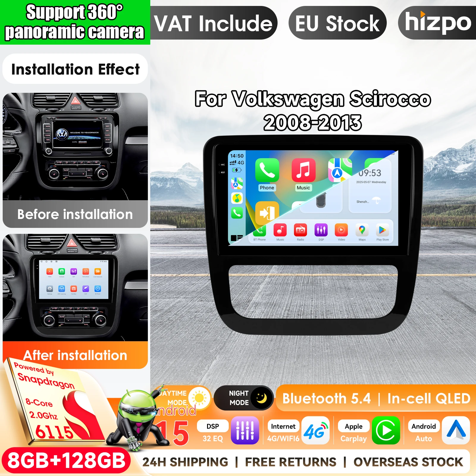 Android 15 Carplay Auto-Autoradio-Multimedia-Player für Volkswagen Scirocco 3 III Mk3 2008-2013 Autoradio Stereo 2din Haupteinheit mit Apple CarPlay Smart Intelligent Systems IPS Touchscreen