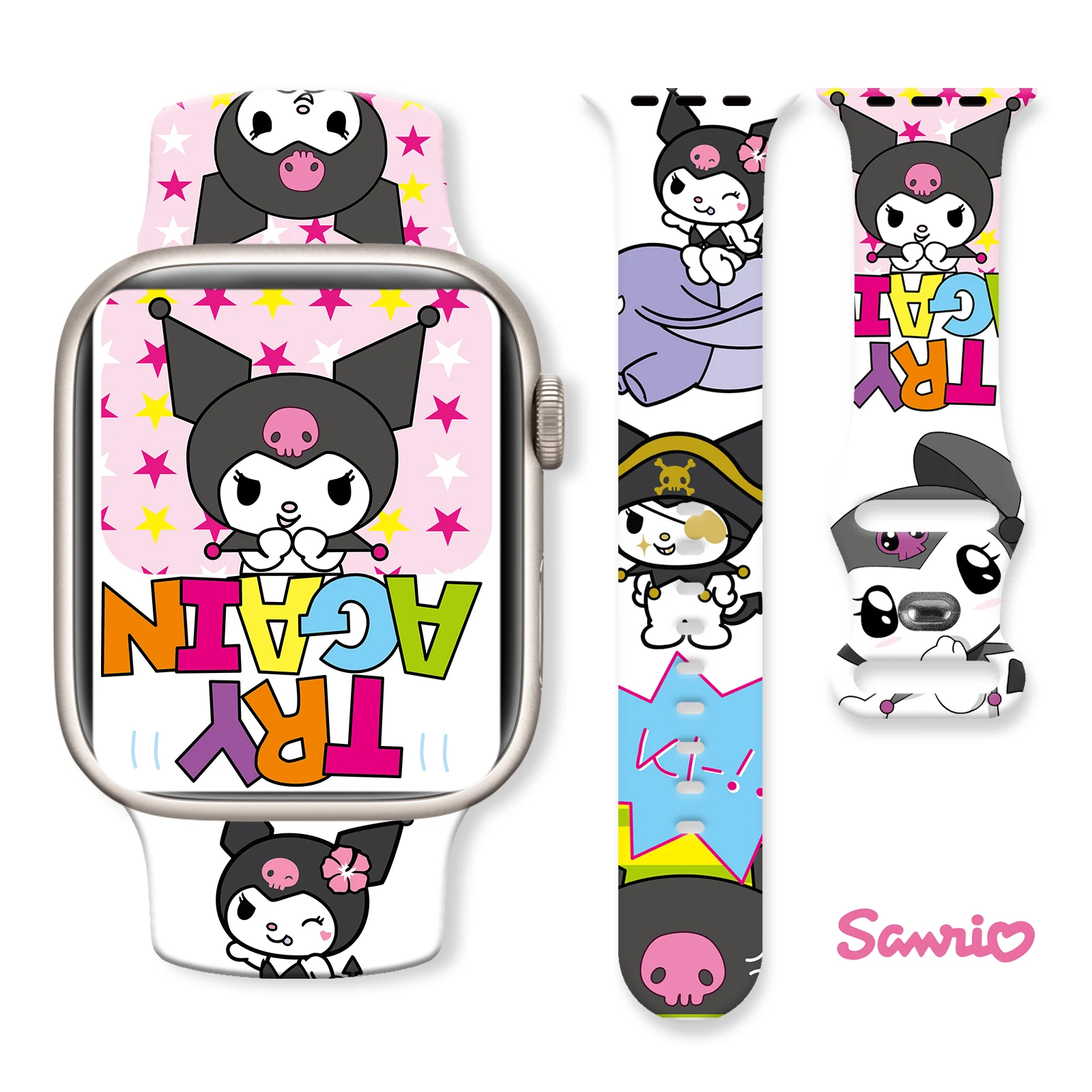 

Sanrio Naughty Kuromi Pattern Print Strap for Apple Watch Series 11/10/9/8/7/SE, Soft Waterproof Silicone Band 46mm45mm44mm42mm