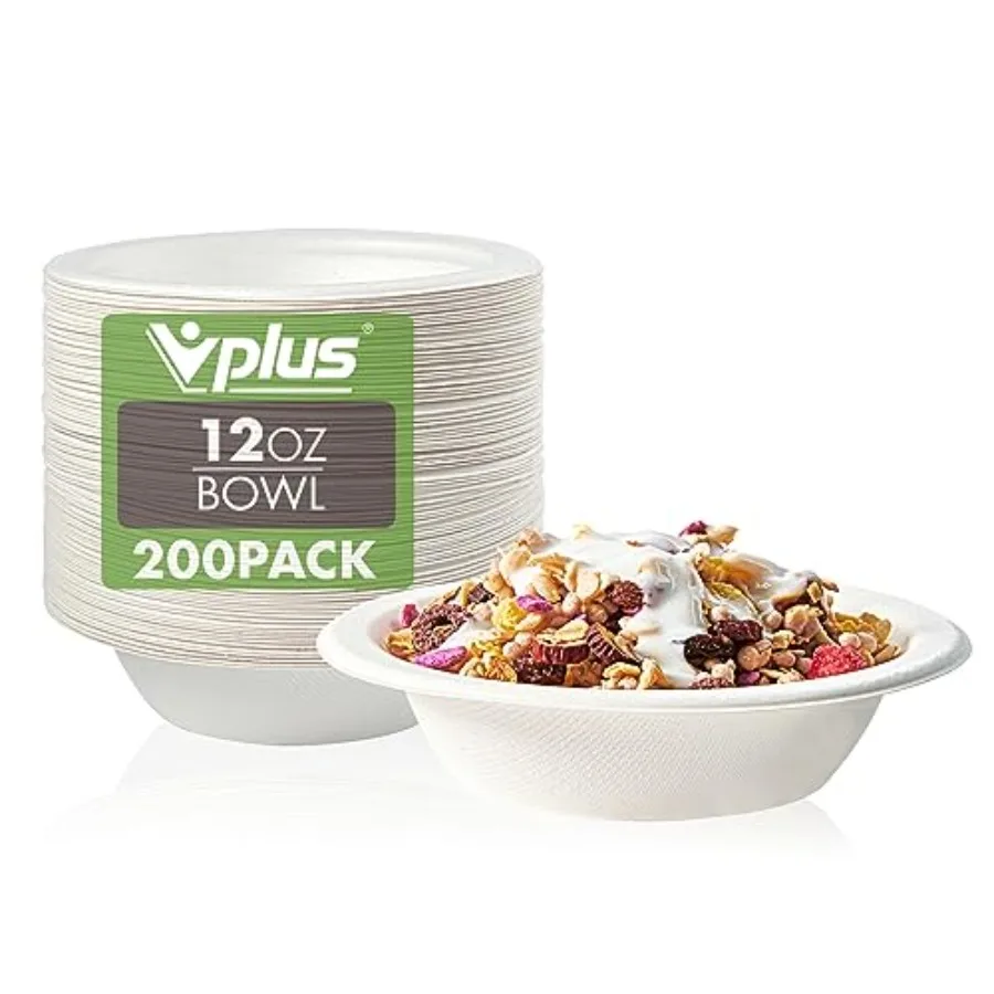 

200 Pack 12 OZ Paper Bowls, Disposable Compostable Bulk, Eco-friendly Bagasse, Heavy-duty Bowls Perfect for Milk Cereals, Snack