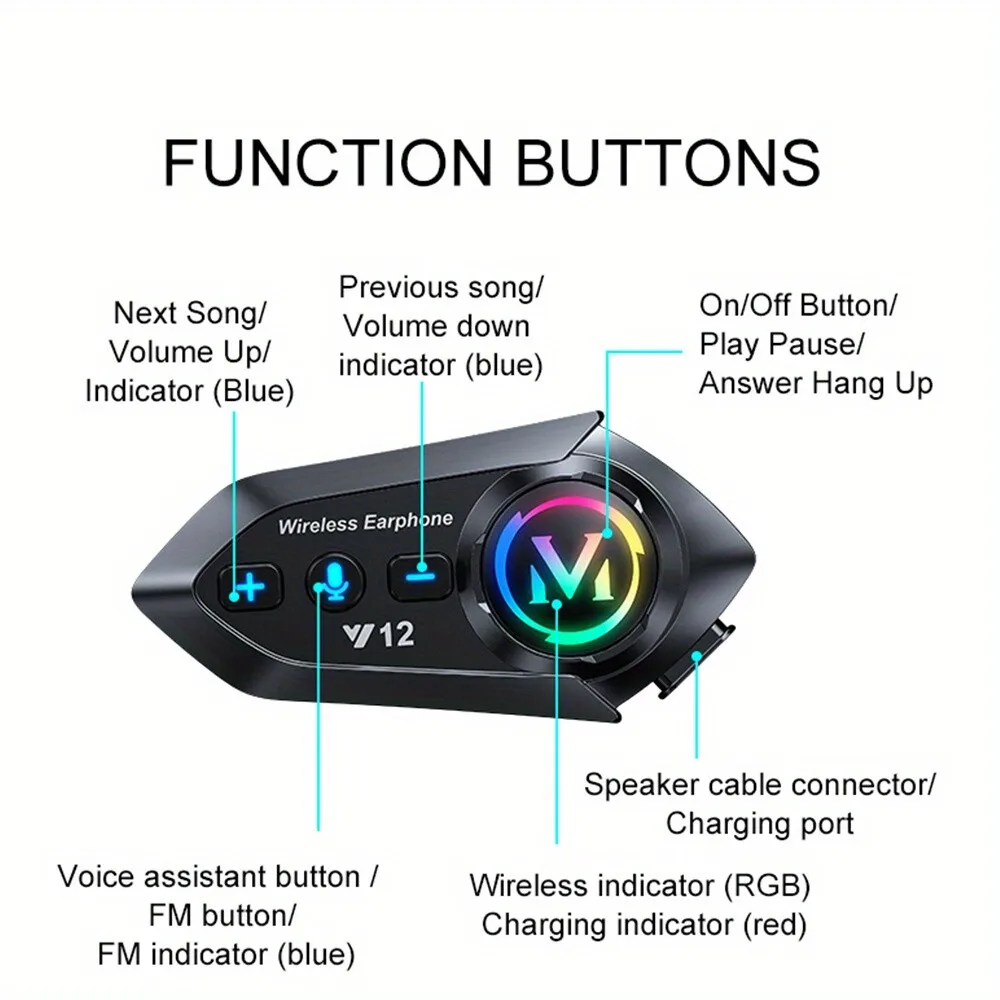 Y12 دراجة نارية خوذة سماعة ستيريو التحكم الصوتي بلوتوث سماعة الأيدي الحرة دعوة IP6 مقاوم للماء مع ضوء RGB