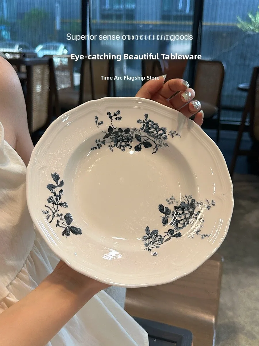 

Винтажная глубокая синяя тарелка с цветочным узором для супа, итальянской пасты, салата, десерта, завтрака, с ободком, во французском стиле, универсальная посуда