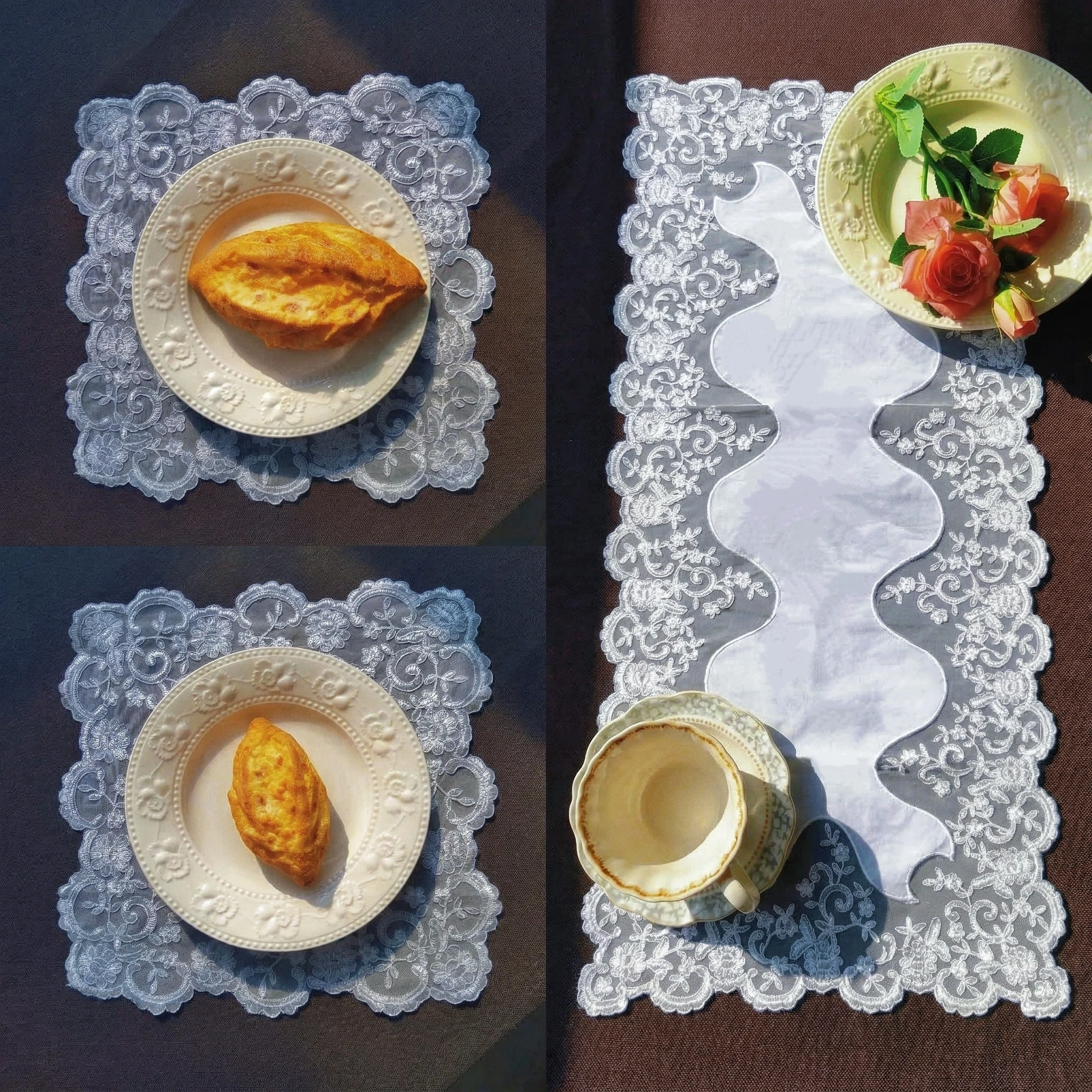 White Lace Table Runner And Placemat Set 3pcs Embroidery Linen Look Dressing Table Cover Rectangula Fabric Furniture Centerpiece