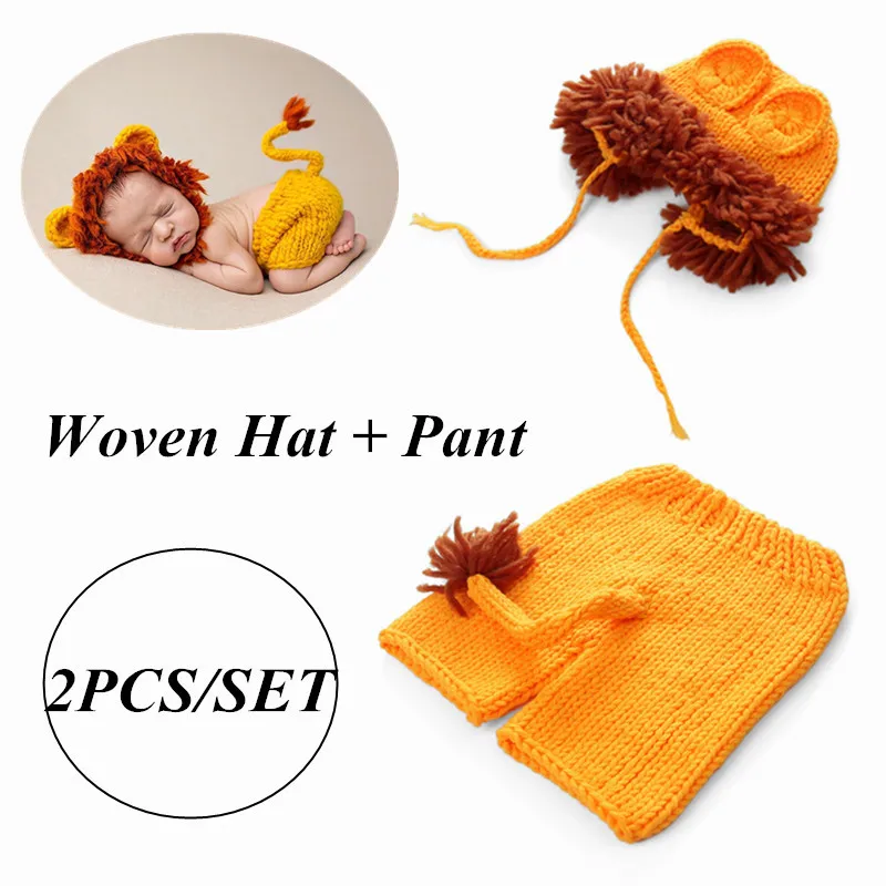 2pcs/set Newborn Photography Props Baby Costume Set Lion Animal Crochet Knit Handmade Pants Hat Baby Lion Suit Fotografia