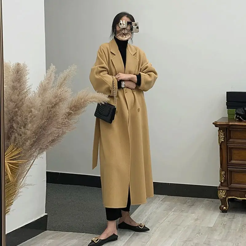 2024 popular double-sided woolen coat for women's autumn and winter long over the knee high-end British small woolen coat