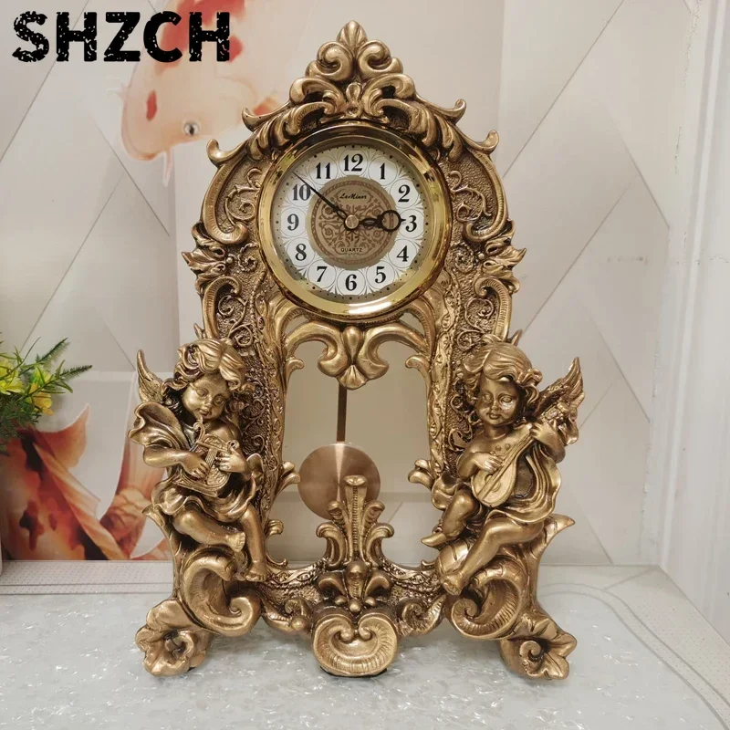 European Luxury Table Clock Antique Bronze Angel Desk Clocks Roman Column Pendulum Clock Study Attracting Wealth Retro Decor