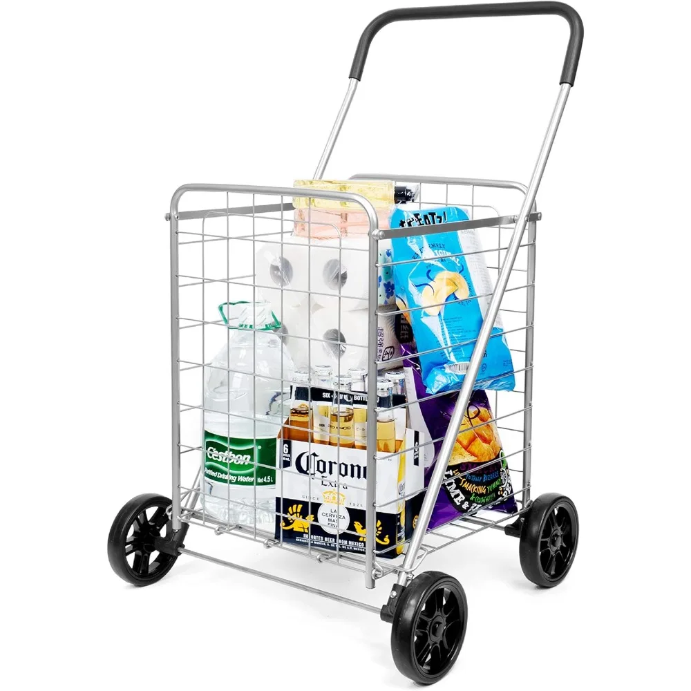 Grocery Utility Shopping Cart - Deluxe Utility Cart with Oversized Basket and Tool Free Installation Light Weight Folding