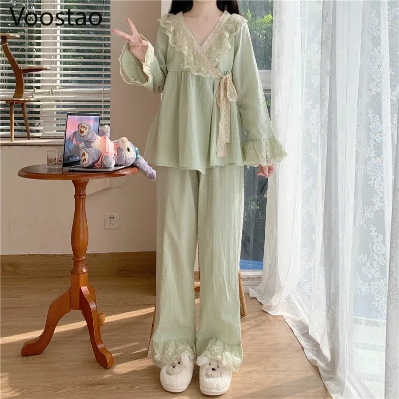 Spring Autumn Sweet Lolita Princess Pajama Set Women Vintage Palace Style Lace Ruffles Lounge Home Wear Girly Casual Sleepwear