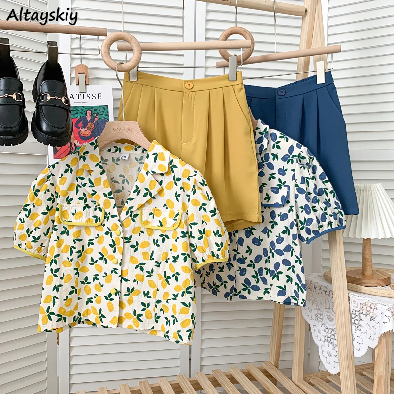 

Short Sets Women Summer Printing Fashion All-match Vintage Puff Sleeve Korean Style Elegant Leisure Streetwear Female Outfits