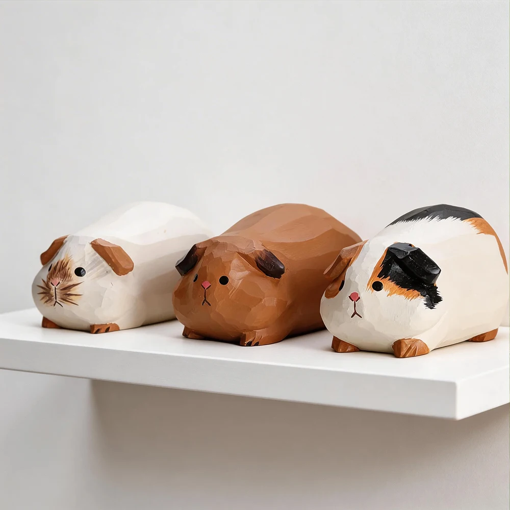 Hand Carved Decorative Wooden Guinea Pig Figurine Sculpture Cute Cavy Statue Ornament Shelf Home Desk Office Pet Decor Gift
