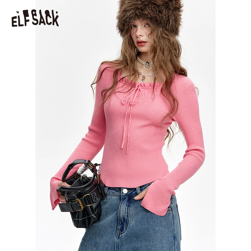 ELFSACK 2024 Winter New Arrivals Pink Square Neck Drawstring Slim Fit Knit Pullover Women