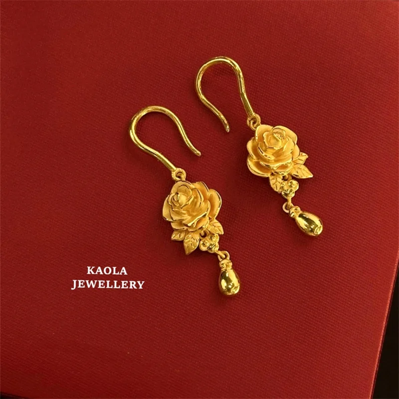 

High quality AU999 gold rose earrings, 24k gold palace style retro water droplet women's tassel earrings jewelry gift