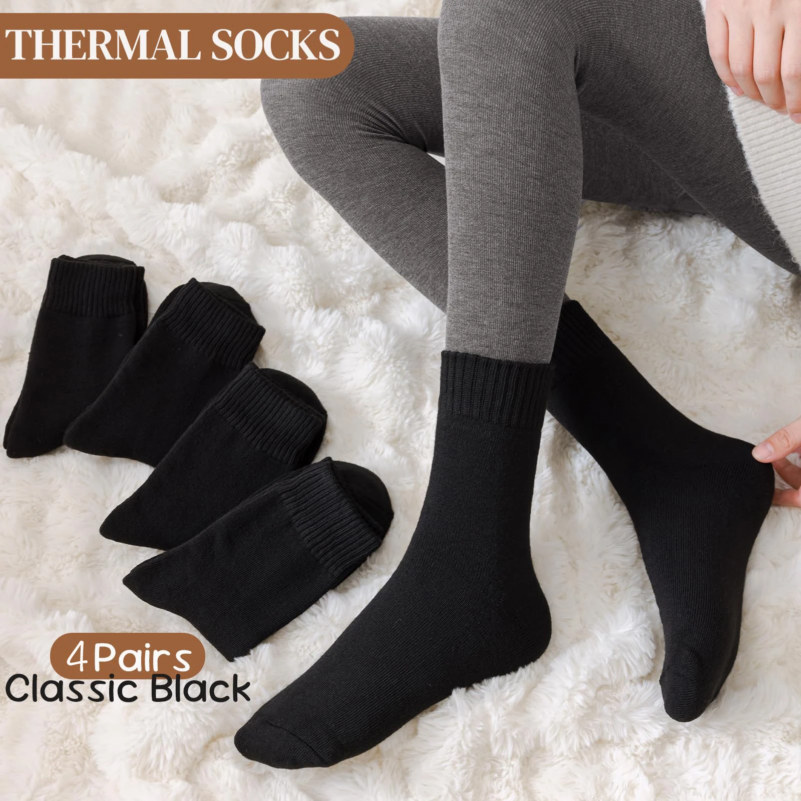 4 Paar dicke Woll-Thermosocken für Damen, Herbst und Winter, Fleece, warm und kältebeständig, Geschenk für Crew-Socken, Komfortgröße 35–42
