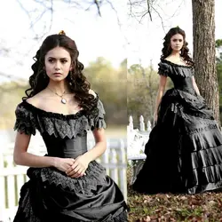 Disfraz de vampiro Elena, traje negro de Cosplay, vestido de baile victoriano, gótico, Steampunk, conjunto de noche, hecho a medida