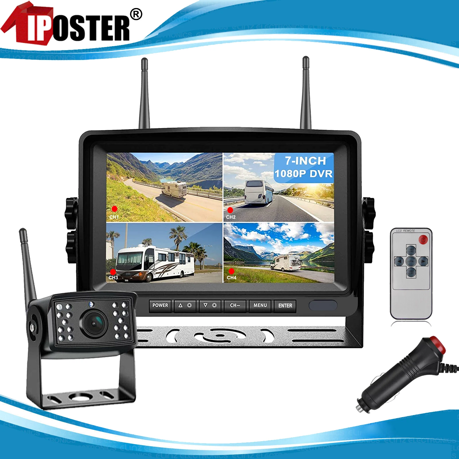 iPoster 7 inch Wireless Quad Monitor Reversing Backup Camera 50-100m For Truck Bus Car