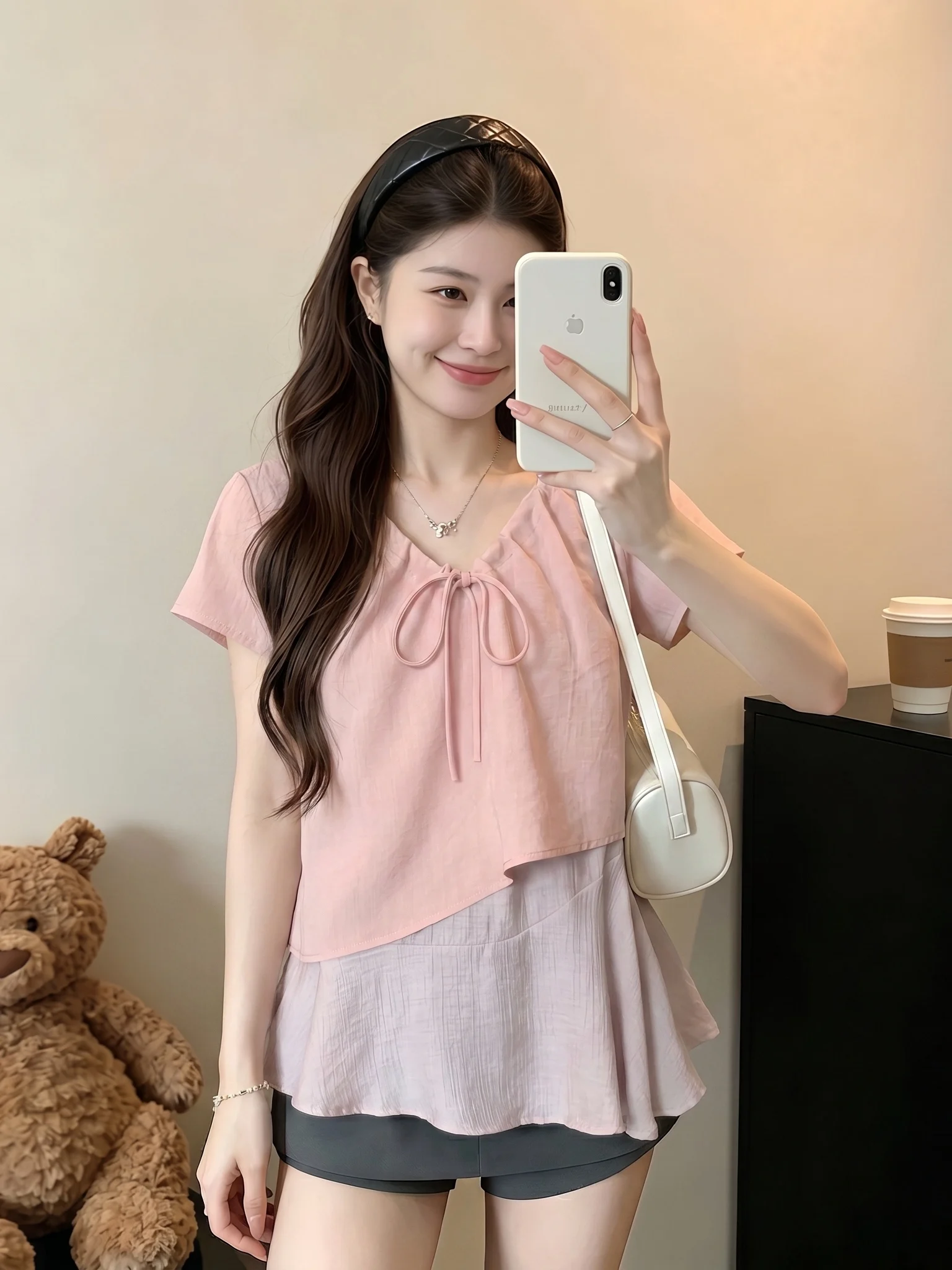 

Pink V-neck Short Sleeve Shirt Women's plus Size Doll Top Summer New Style Korean Version Loose Fit Commute Wind Clothing
