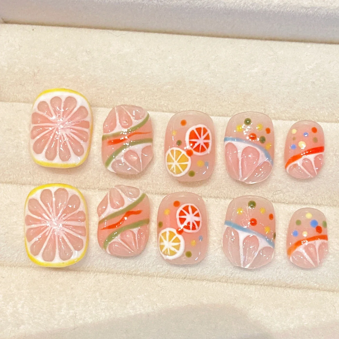 10Pcs Short Handmade Press On Nails Full Cover Summer 3D Fruit Cartoon Cute Design False Nails Artificial Wearable False Nails