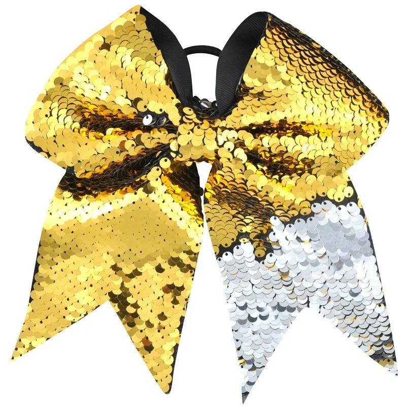 

12pcs/Lot 7" Rainbow Reversible Sequin Mermaid Ribbon Big Large Cheerleading Bow Elastic Hair Band Girls Hair Accessories
