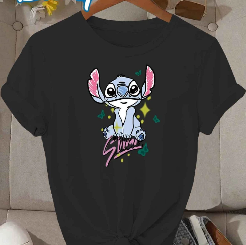 Disney Stitch Pattern Women's T-shirt -2025 New Design Loose Casual Summer Short Sleeve Top with Star and Butterfly Patterns