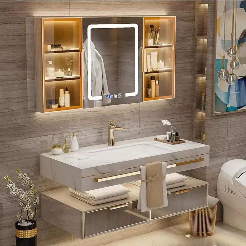 *&q New Design Hotel Bathroom Vanity Set Solid Wood Wall-Mounted LED Touch Illuminate Mirror with Top Basin and Cabinet