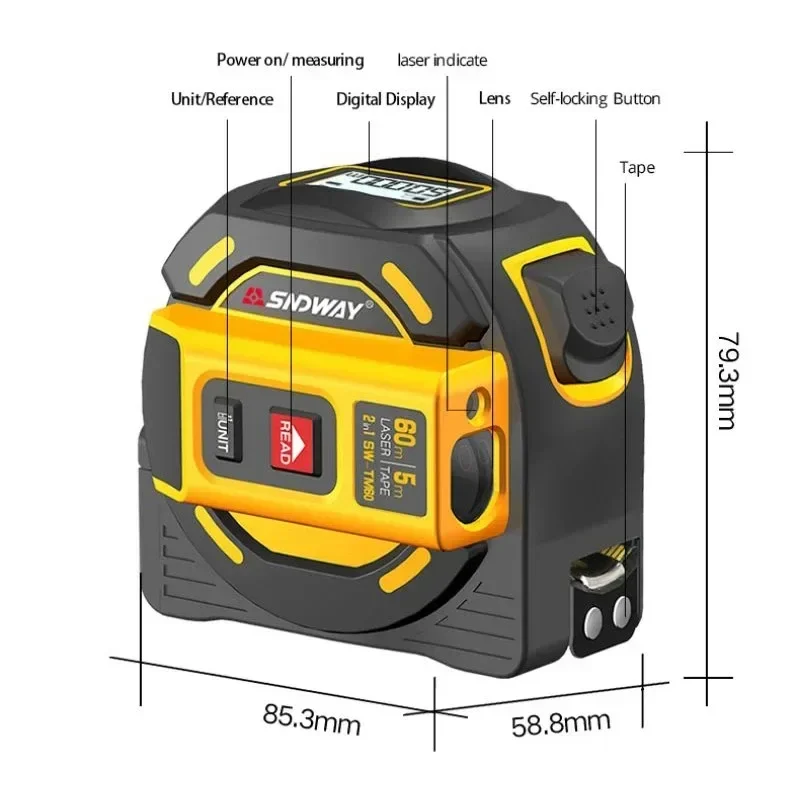 SNDWAY Laser Distance Meter 2 In 1 Laser Metric Tape Measure Meter Electronic Ruler Digital Rangefinder Self-Locking Hand Tool