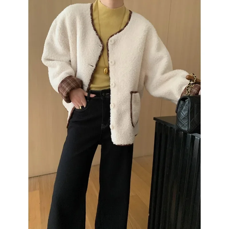 Women Casual Contrasting Plaid Splicing Imitation Lamb Fur All-in-one Round Neck Coat Loose Simple Basic French Warm Lady Coat