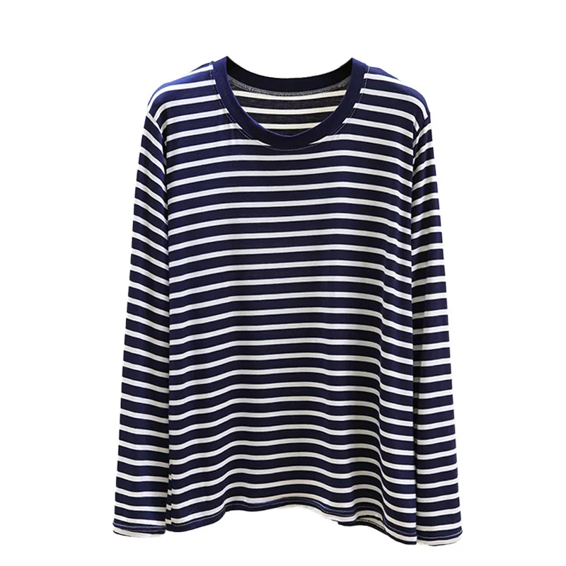 Spring Men Striped T-Shirt Loose and Versatile Sleepwear Round Neck Long Sleeved Top Casual Plus Size Simple Pajamas Homewear