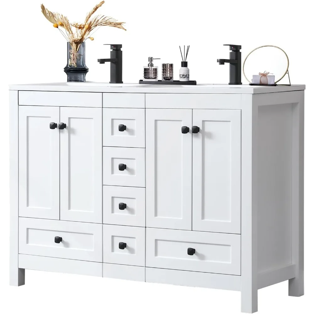 48” Bathroom Vanity, with Sink,with 2 Resin Basin Sinks Top, Faucet and Drawers,  Modern Painted Bathroom Storage Cabinet