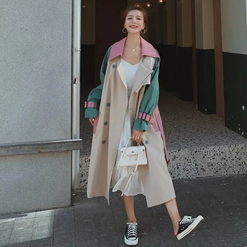 Color Blocking Long Windbreaker Jacket For Women 2025 New Spring Autumn Korean Style Loose Versatile Overcoat Female Trench Coat