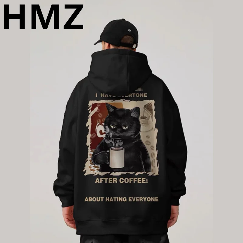 

HMZ Coffee Cat Print Hoodie High Street Hip Hop Loose Hoodie Winter Men Casual Street Cartoon Hooded Oversized Sweatshirt Unisex