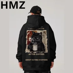 HMZ 남녀공용 커피 고양이 프린트 후드, 하이 스트리트 힙합, 루즈 후디, 겨울 남성 캐주얼 스트리트 만화 후드, 오버사이즈 맨투맨