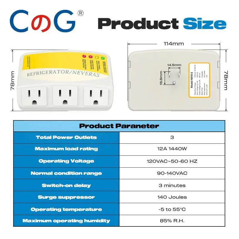 CG Three Outlet Voltage Surge Protector 120VAC 12A Home Appliances Brownouts Plug Outlet for Refrigerator TV Air Conditioners