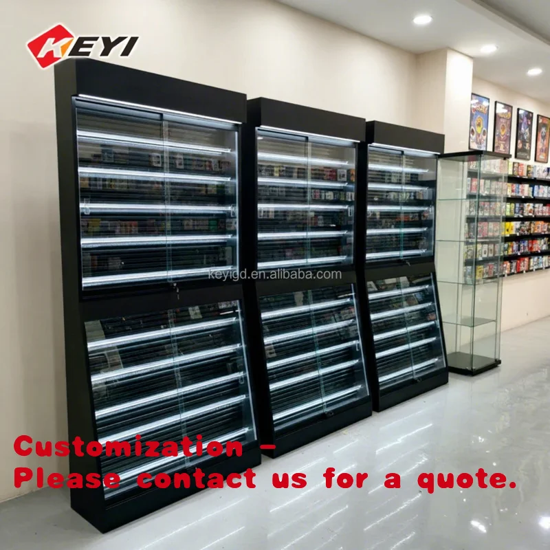custom.Modern TCG Display Showcase Retail Store Floor Glass Wood Stand Trading Card Display Rack With Led Light