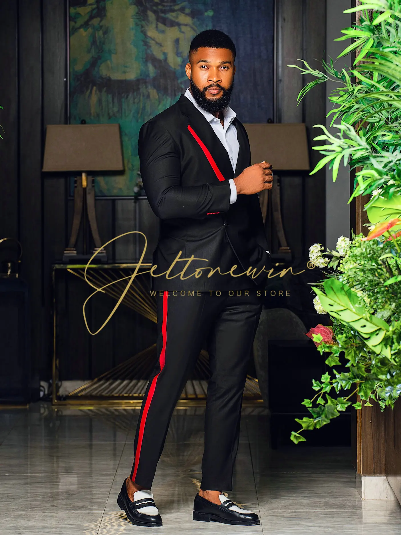 

Men's Black Suit with Red Stripe Trim Slim Fit Two-Piece Formal Wear for Wedding Party Fashion Business Outfit disfraz hombre