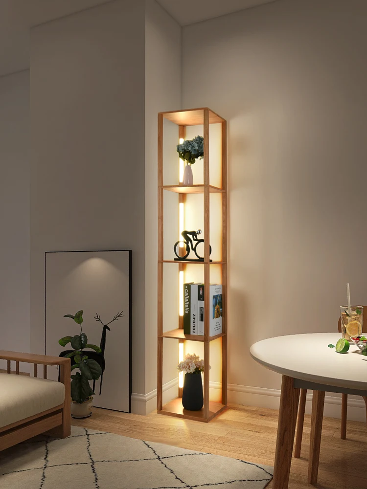 Japanese Floor Lamp Living Room Sofa Side Standing Lamp Shelf Lamp Minimalist Bedroom Solid Wood Decorative Lamp Display Cabinet