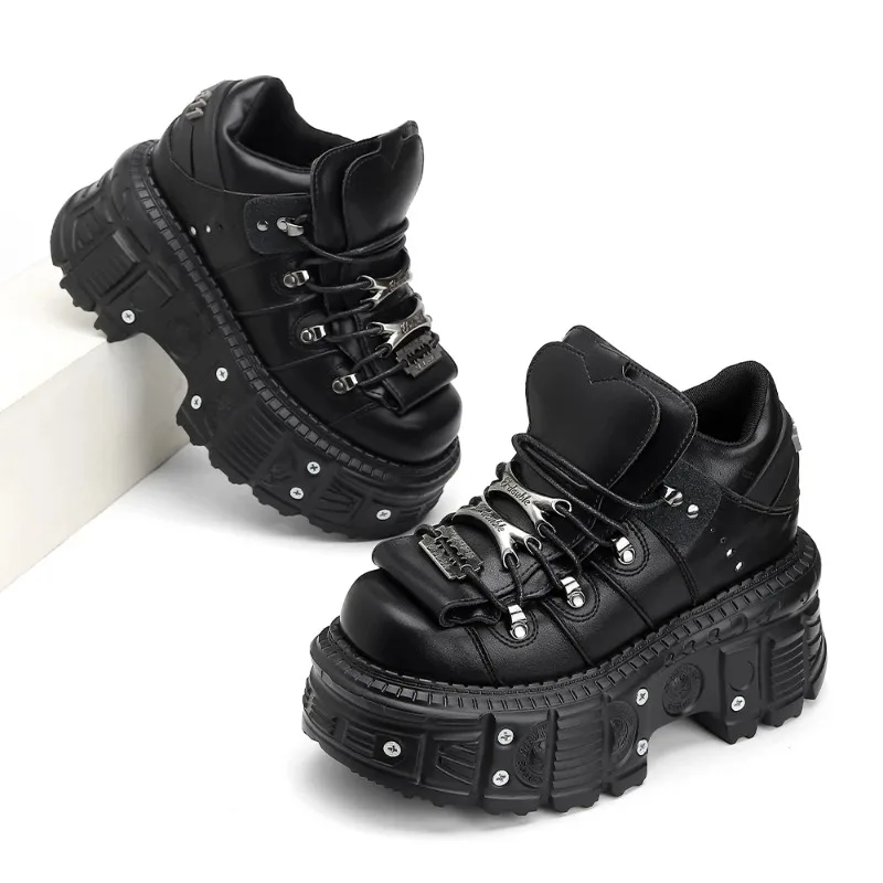 

Woman Sneakers New Punk Style Women Shoes Gothic Ankle Rock Boots Lace-up Heel Height Platform Shoes Woman Metal Decor