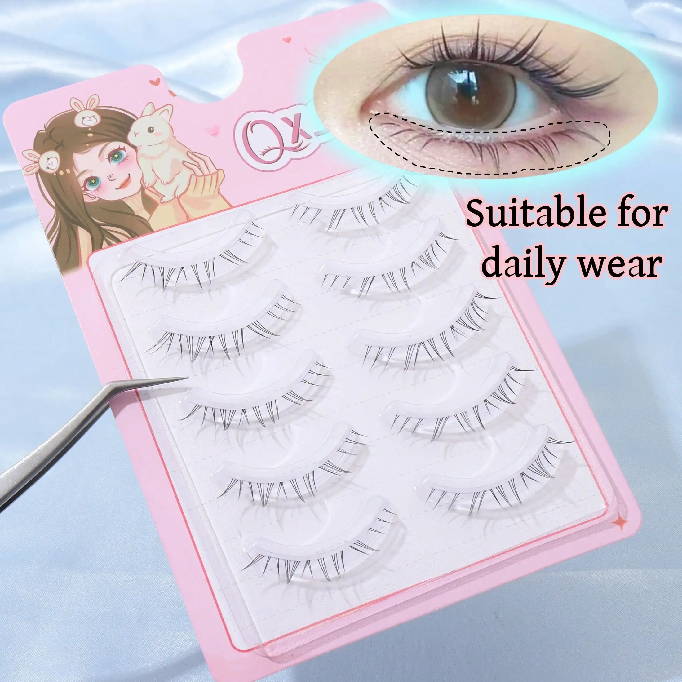 5 Pairs Transparent-stem Natural False Eyelashes,Japanese Anime Style Sharp-tip Dramatic DIY Lower Lashes, Comfortable for Girls