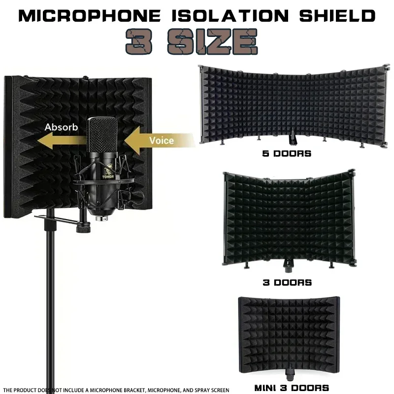 Filtros de reflexão de painel 3/5, escudo de isolamento de microfone de gravação de estúdio profissional adequado para qualquer microfone condensador