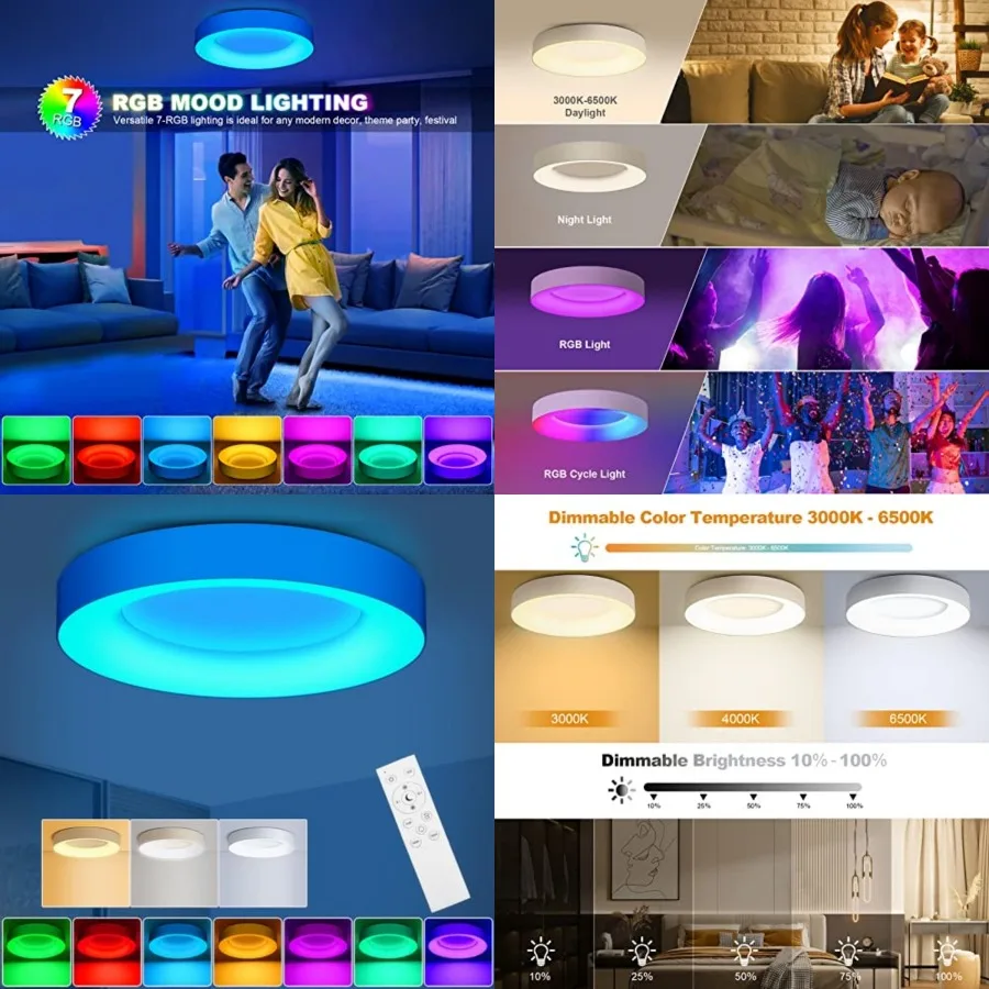 RGB Flush Mount LED Ceiling Light Dimmable with Remote Control, 24W 2400lm Color Changg Ceilg Light Fixture, 3000K-6500K Ceilg