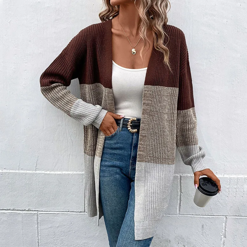 Fashion Long-sleeved Color Collision Long Sweater Cardigan Women's Autumn and Winter New Solid Color Casual V-neck
